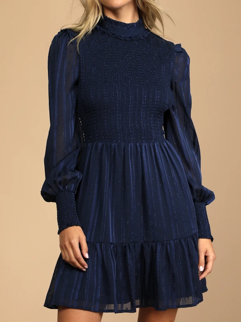 NWT Lulus Navy Blue Smocked Long Sleeve Mini Dress